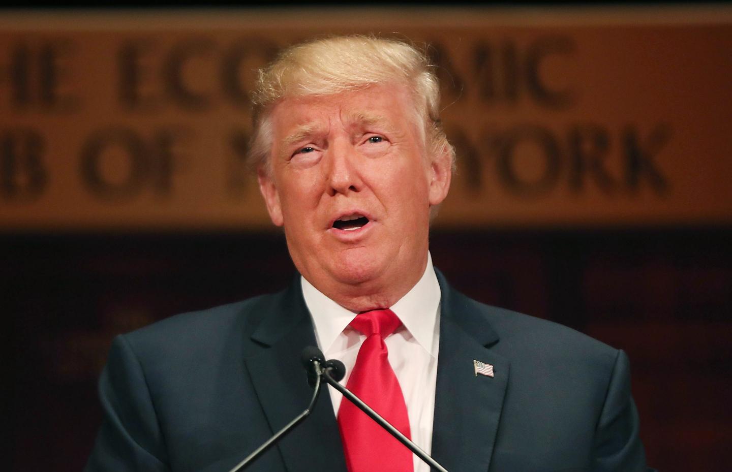 NEW YORK, NY - SEPTEMBER 15: Republican presidential candidate Donald Trump speaks at a lunch hosted by the Economic Club of New York on September 15, 2016 in New York City. According to a report by Oxford Economics, if Trump is elected to the White House growth in the US would be about 5 per cent lower than would otherwise be expected by 2021. (Photo by Spencer Platt/Getty Images,)
