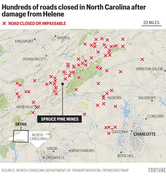 Map shows road closures in North Carolina due to Helene