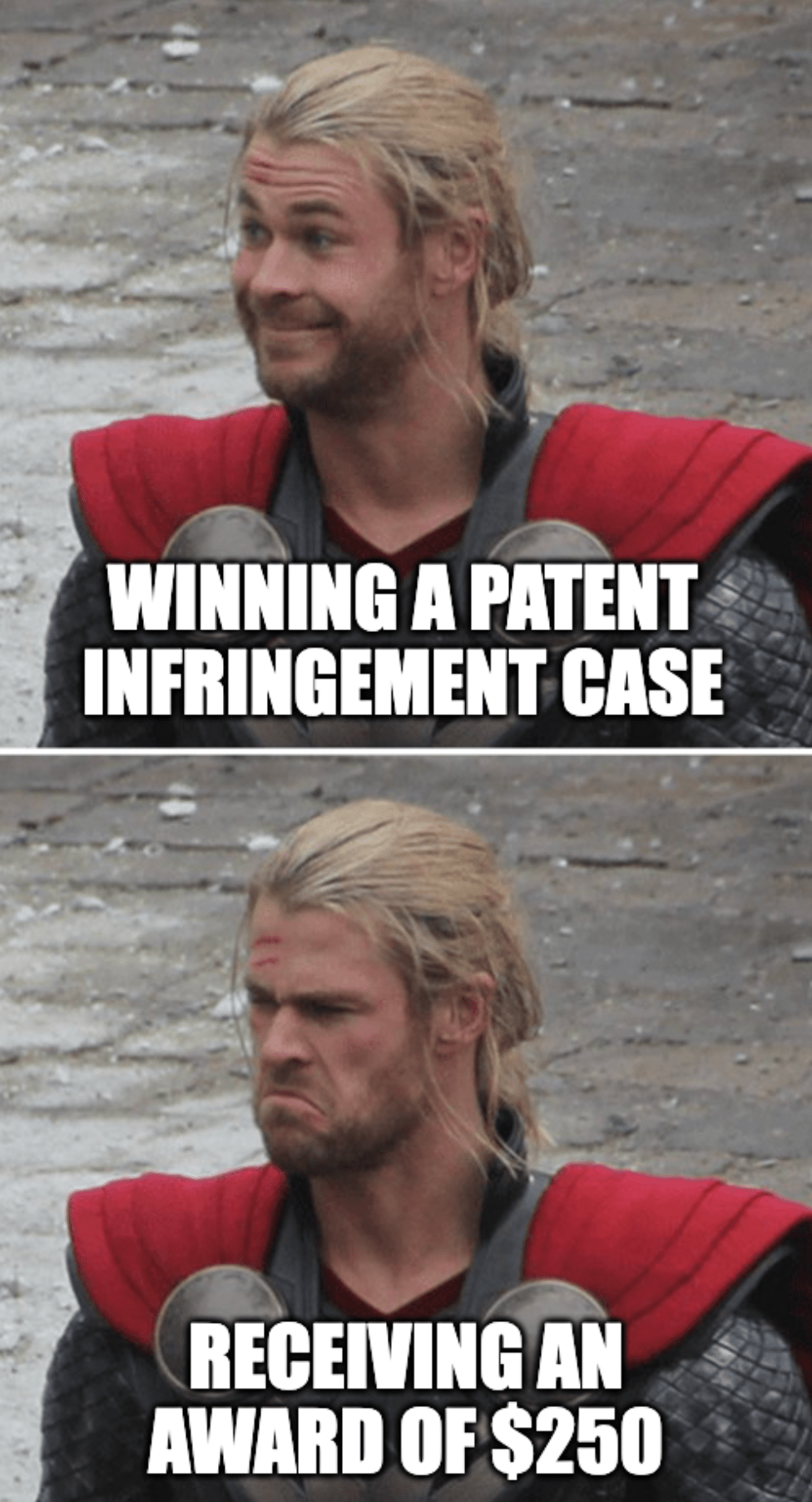 A two-panel, happy-sad meme of Thor with the captions, "Winning a patent infringement case" and "Receiving an award of $250"