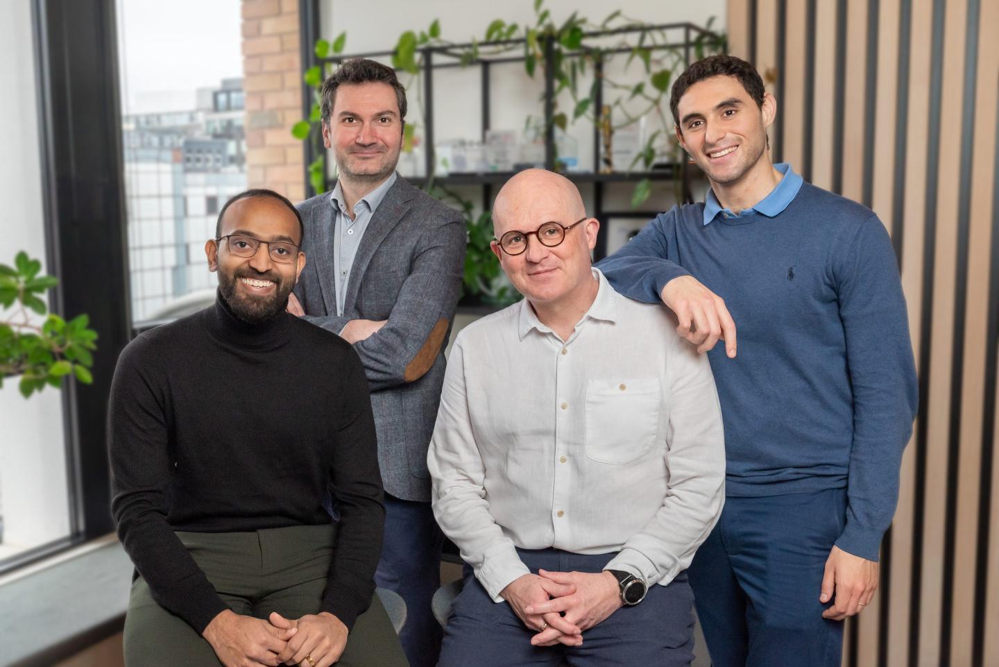 Group photo of Oriole Networks cofounders, from left to right: Joshua Benjamin, George Zervas, James Regan, and Alessandro Ottino.
