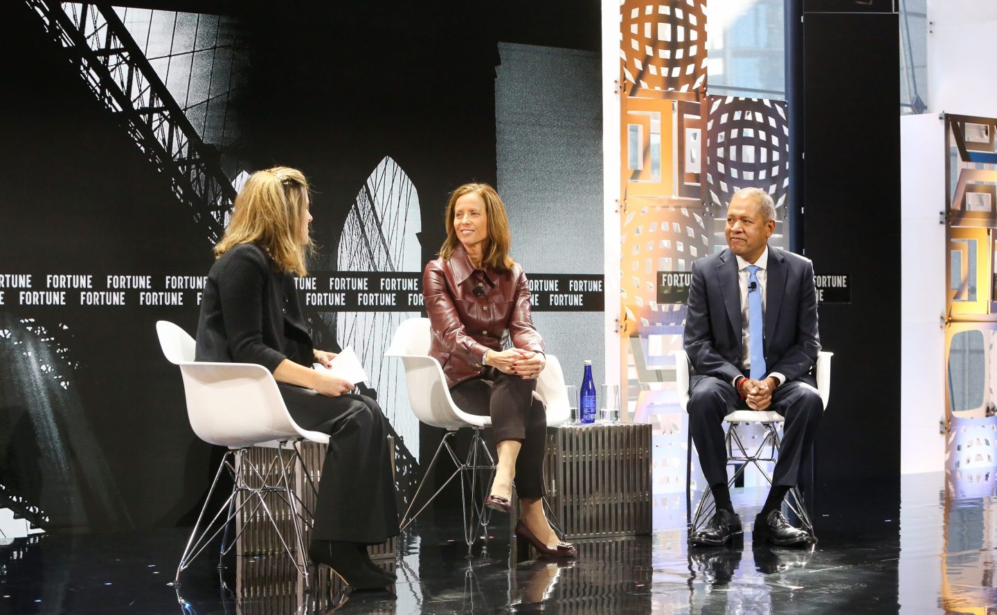Lee Clifford, Executive Editor, Enterprise, Fortune; Adena Friedman, Chair and CEO, Nasdaq; and C.S. Venkatakrishnan, Group Chief Executive, Barclays in conversation during the Fortune Global Forum, Nov. 12, 2024 in New York City.