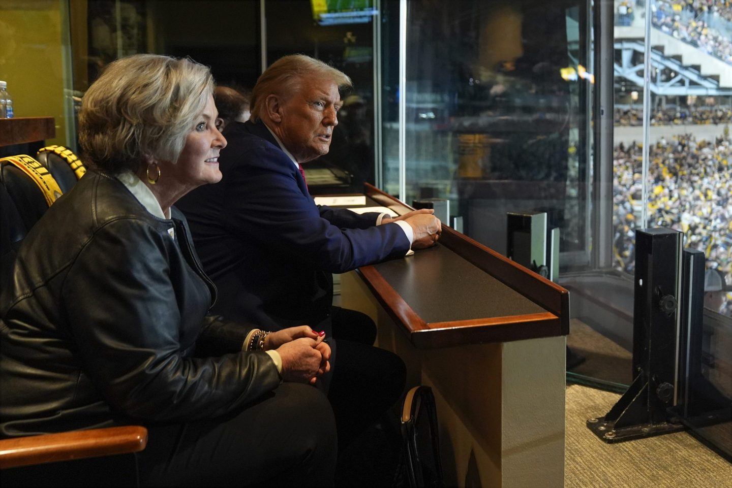 Donald Trump sits with Susie Wiles as he attends the New York Jets football game against the Pittsburgh Steelers at Acrisure Stadium, on Oct. 20, 2024, in Pittsburgh.