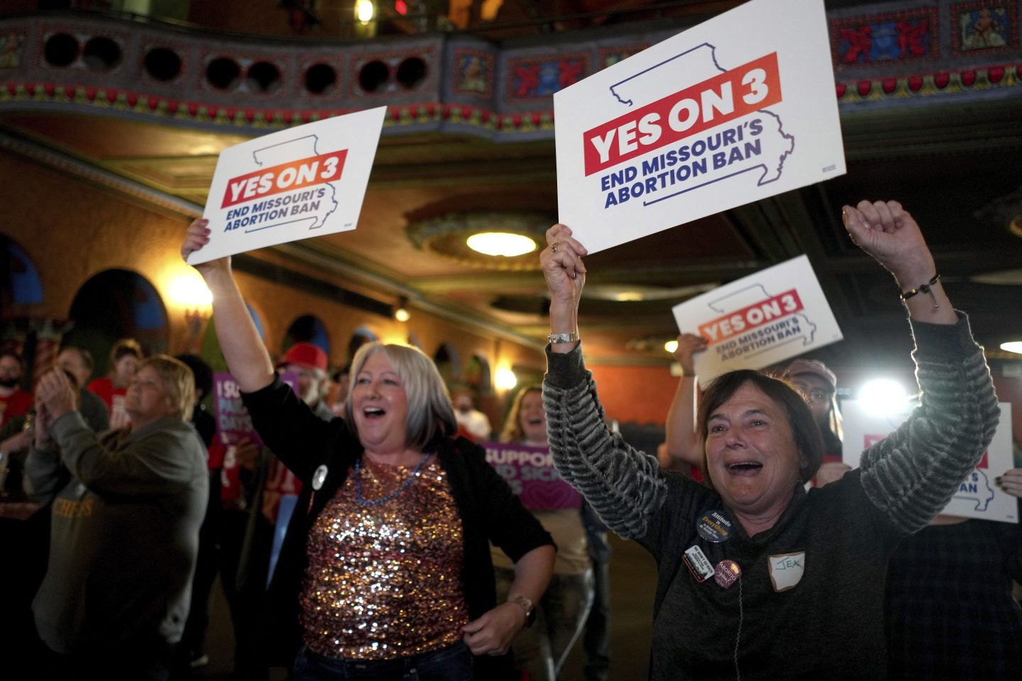 People at a election night watch party react after an abortion rights amendment to the Missouri constitution passed on Nov. 5, 2024, in Kansas City, Mo.
