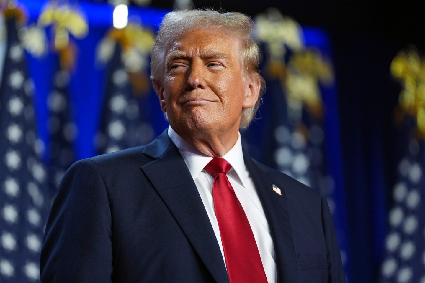 Republican presidential nominee former President Donald Trump arrives at an election night watch party at the Palm Beach Convention Center, on Nov. 6, 2024, in West Palm Beach, Fla.