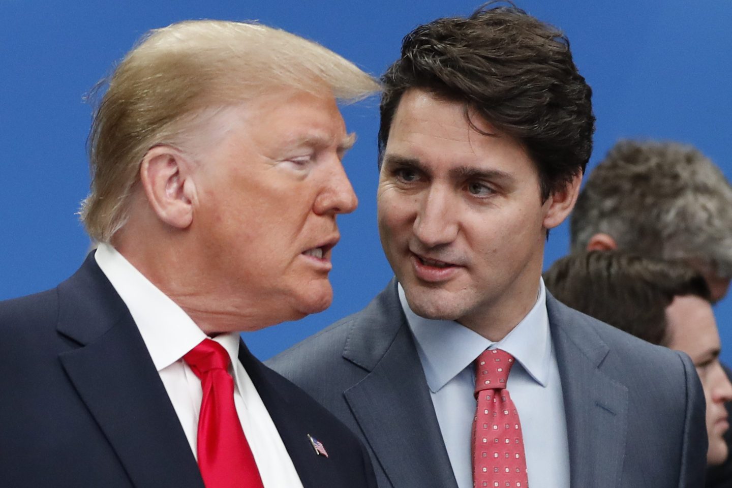 U.S. President Donald Trump, left, and Canadian Prime Minister Justin Trudeau talk prior to a NATO round table meeting in Watford, Hertfordshire, England, Dec. 4, 2019.