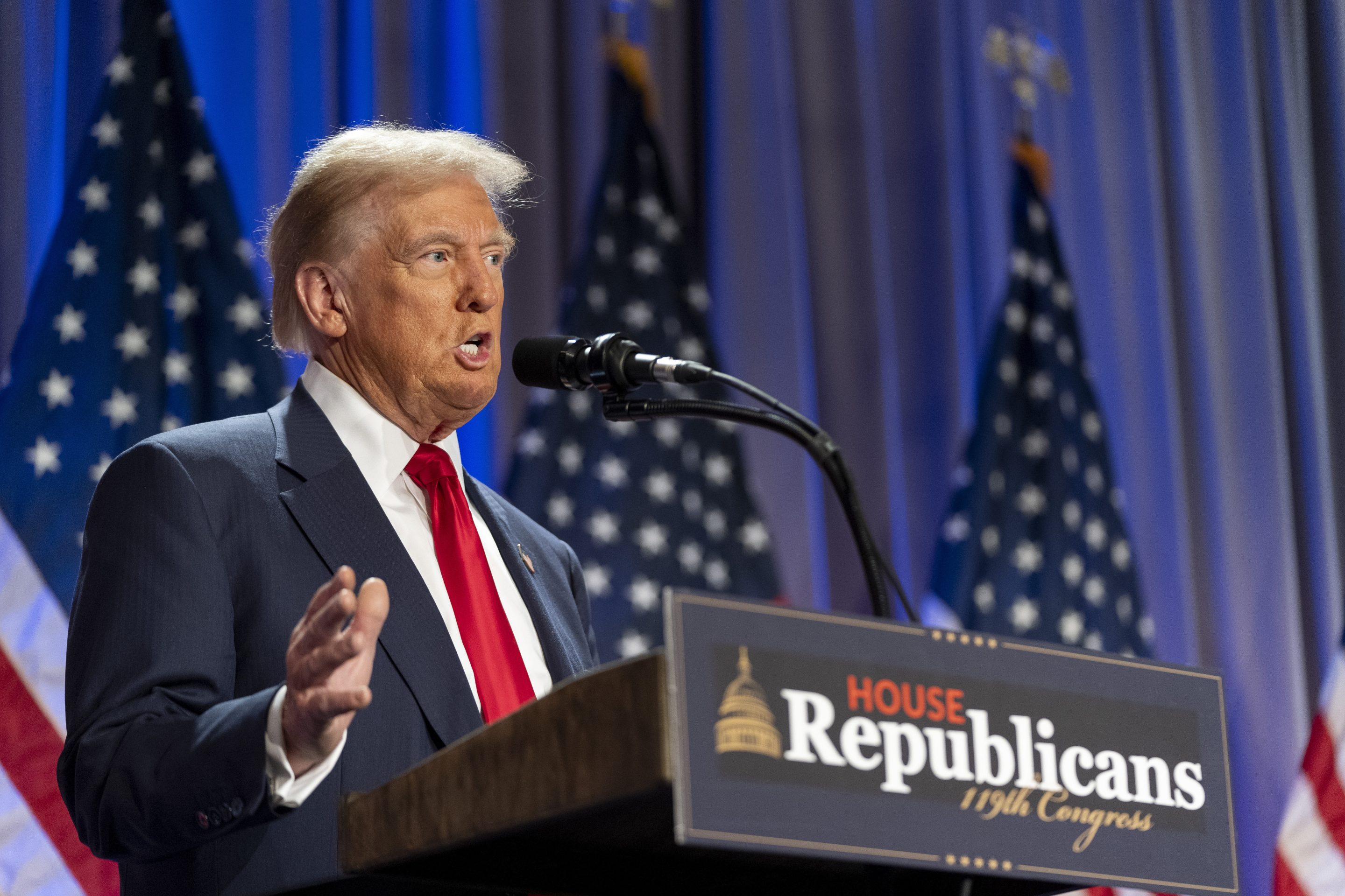 President-elect Donald Trump speaks at meeting of the House GOP conference, on Nov. 13, 2024, in Washington.