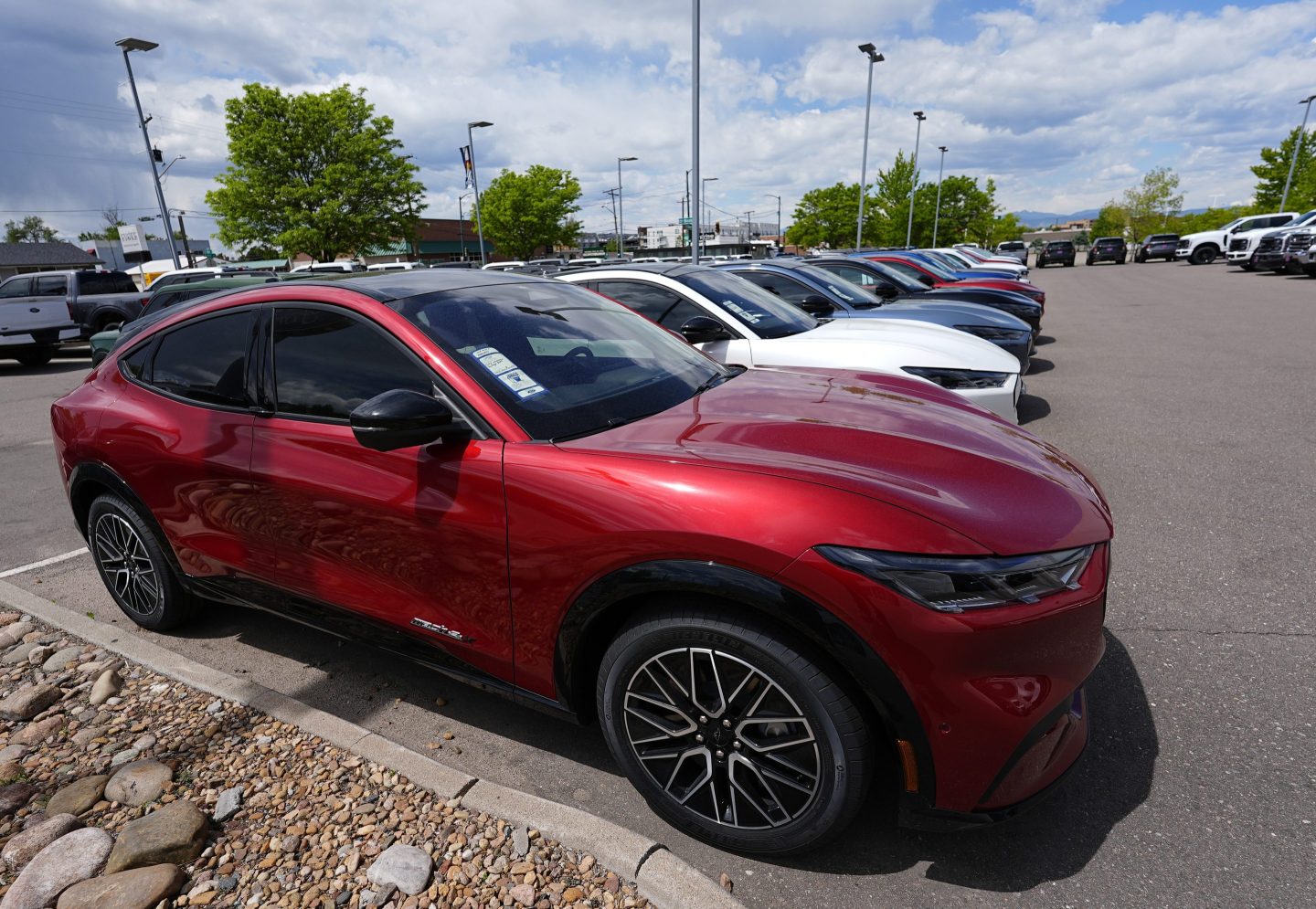 A line of 2024 Mustang Mach-E electric utility vehicles sit at a Ford dealership May 19, 2024, in Denver.