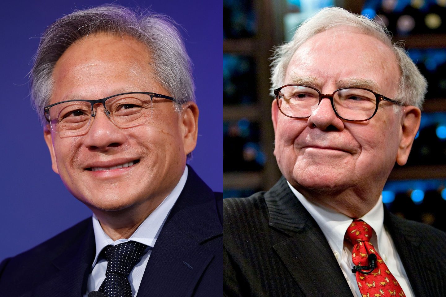 Left: Nvidia CEO Jensen Huang. Right: Berkshire Hathaway CEO Warren Buffett.