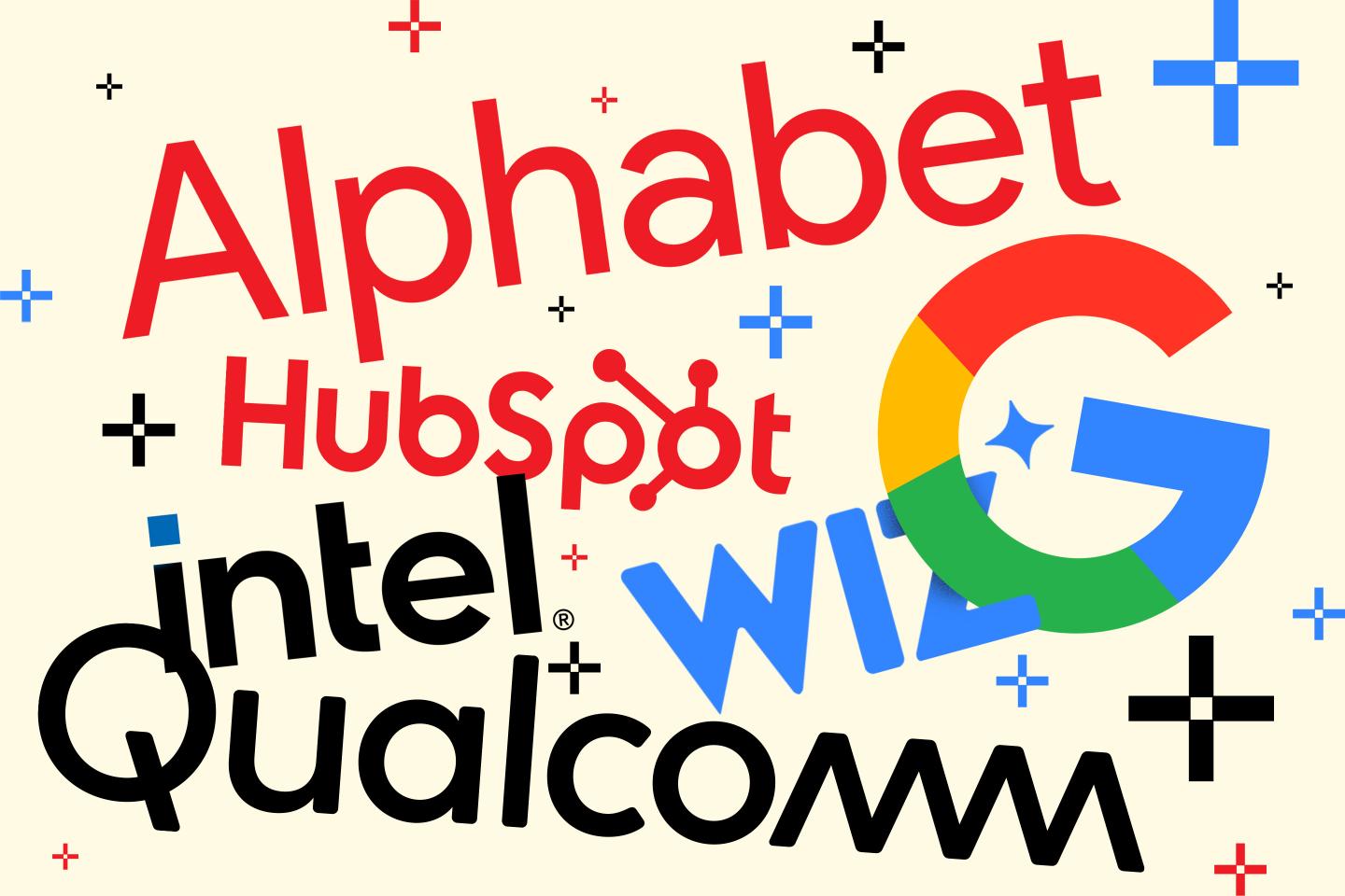 Possible mega merger deals, represented by overlapping company logos