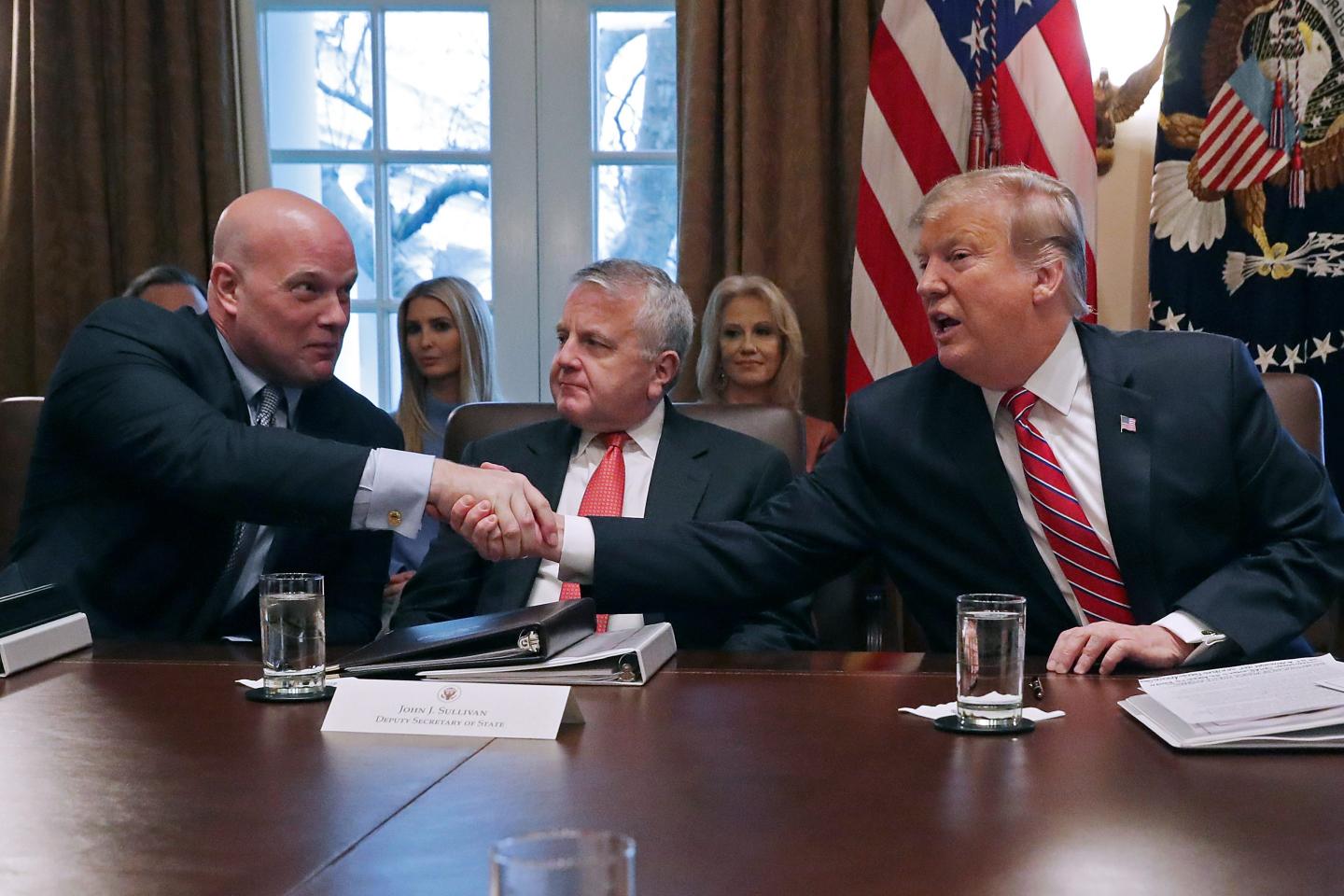 U.S. President Donald Trump (R) reaches over Deputy Secretary of State John Sullivan to shake hands with acting Attorney General Matthew Whitaker during a meeting of Trump's cabinet in the Cabinet Room at the White House February 12, 2019 in Washington, DC.