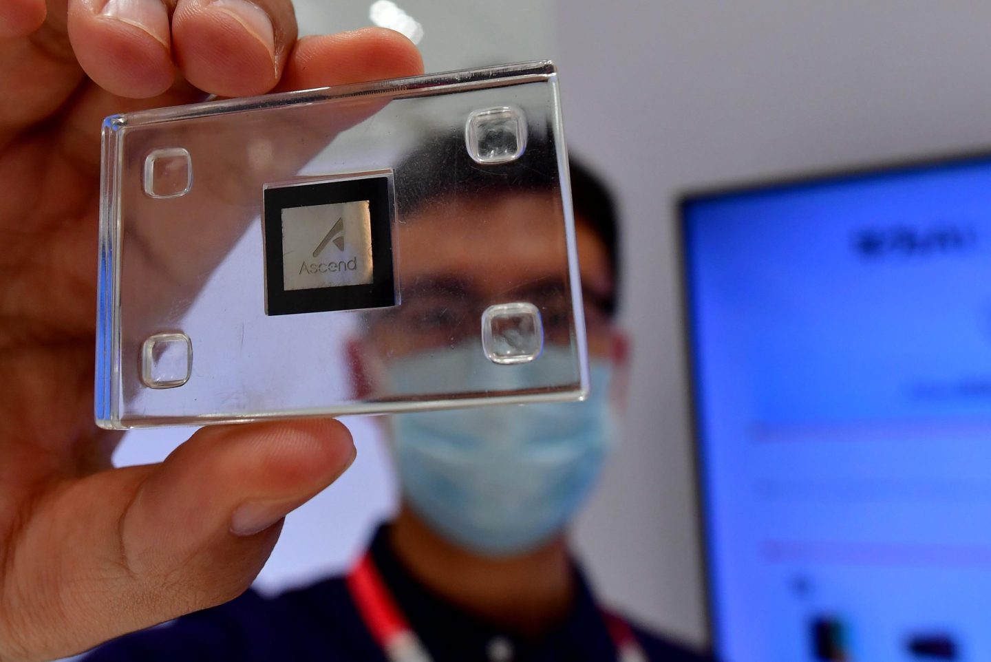 A Huawei Ascend AI chip on display during at Huawei Data Infrastructure Summit on August 19, 2020 in Fuzhou, Fujian province, China.
