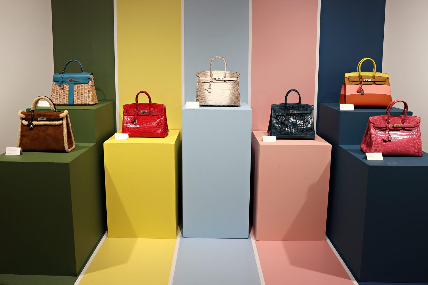 A view of Hermès Birkin bags on display in Christie's in New York City in 2021.