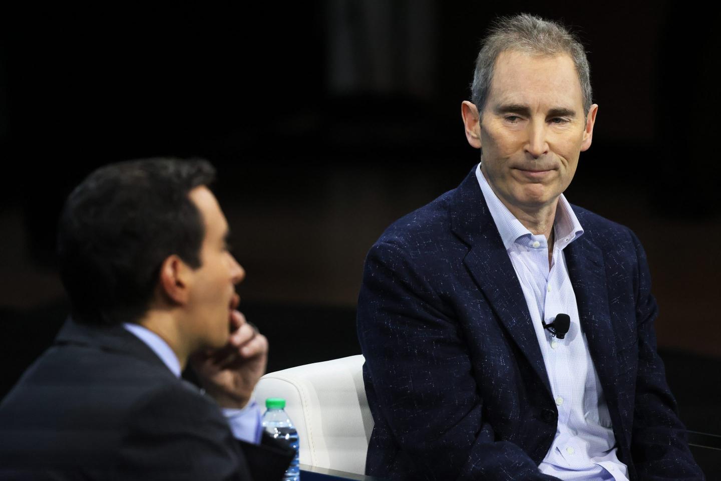 Andrew Ross Sorkin speaks with Amazon CEO Andy Jassy during the New York Times DealBook Summit in the Appel Room at the Jazz At Lincoln Center on November 30, 2022 in New York City.