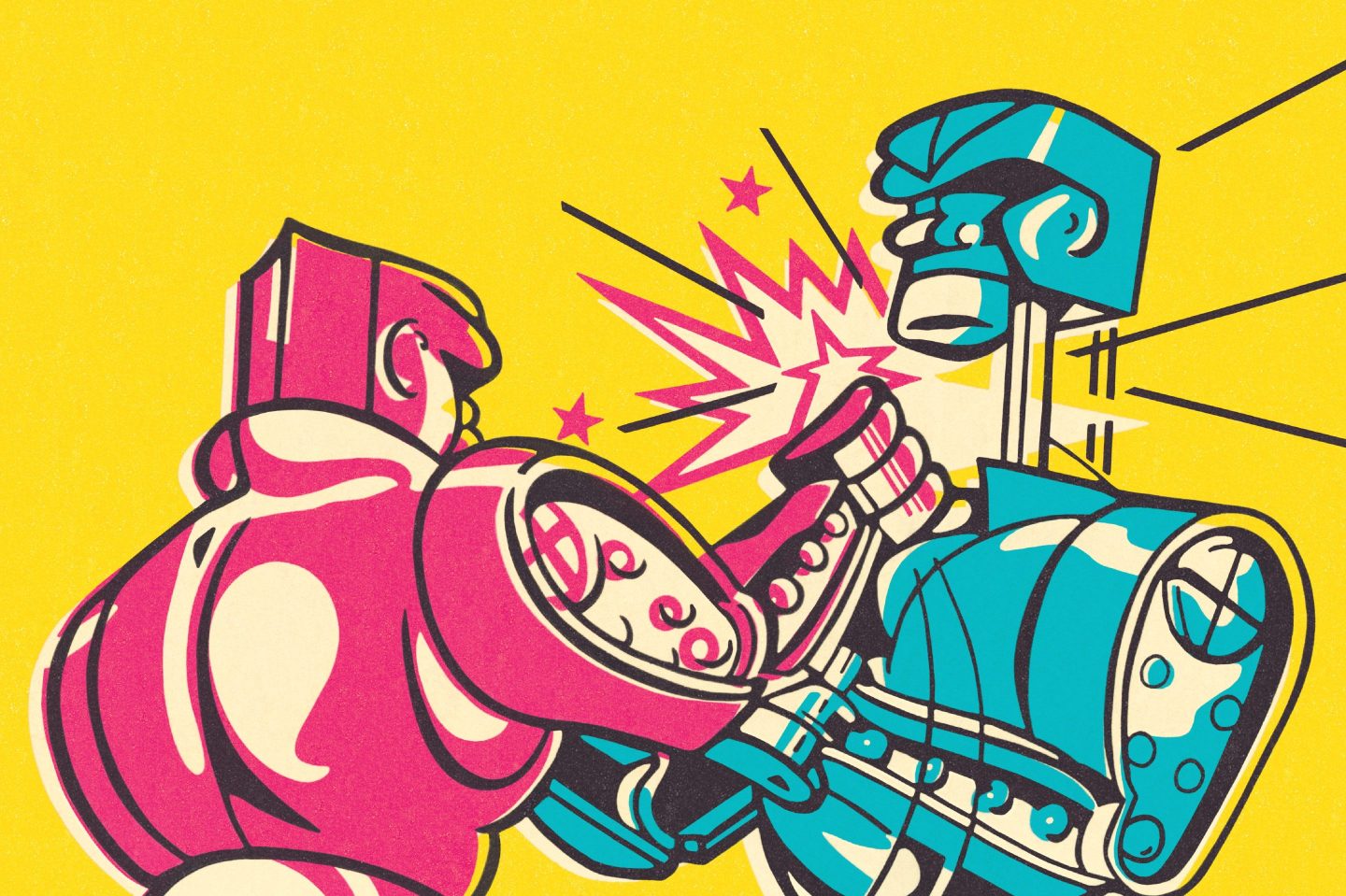 Illustration of a red robot and a green robot fighting