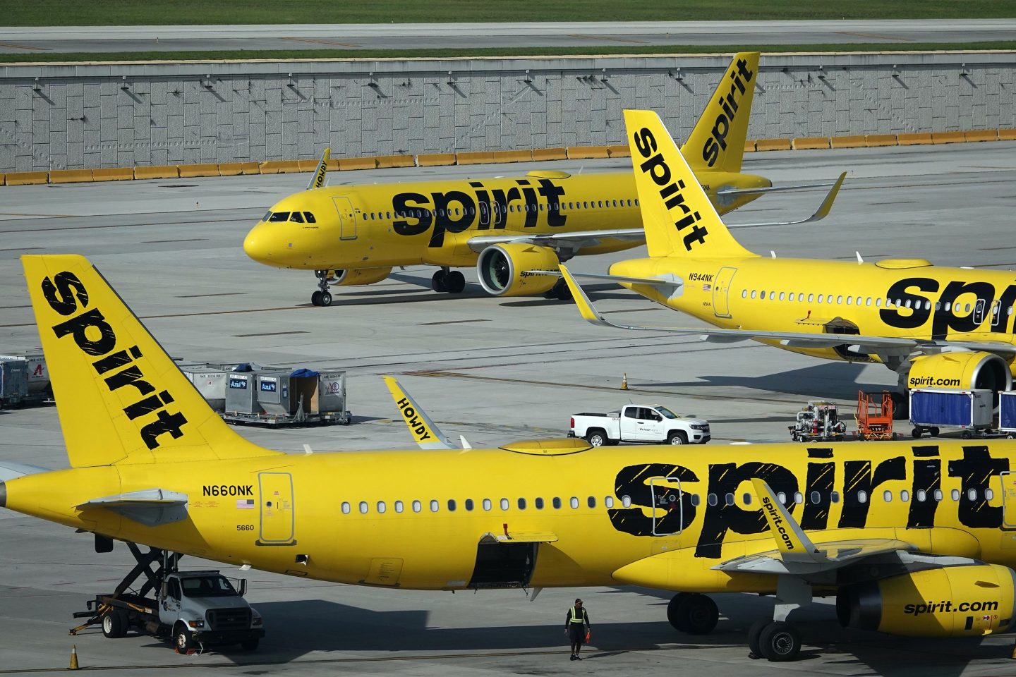 Spirit Airlines jetliners on the tarmac