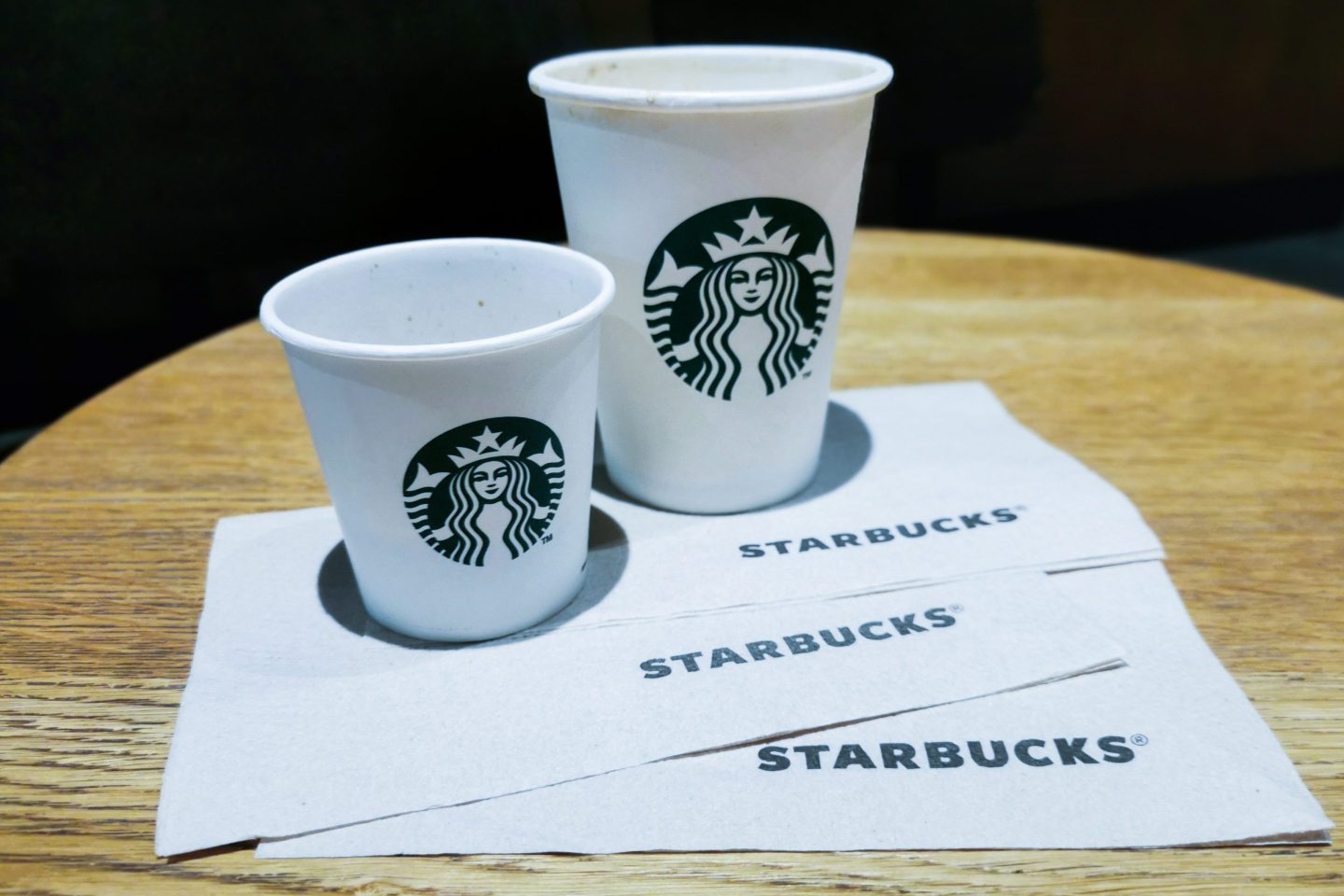 Starbucks coffee cups and napkins
