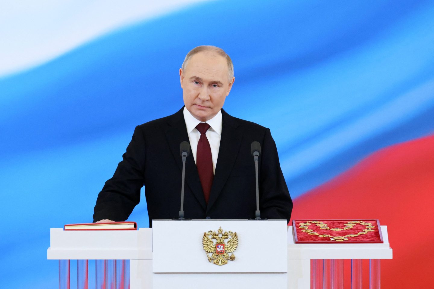 Russian president Vladimir Putin takes the oath of office in May after his reelection.
