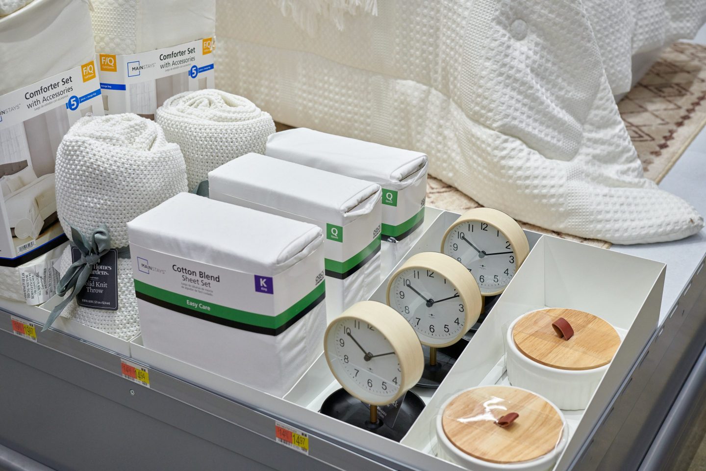 bed sheets, clocks, and other home goods