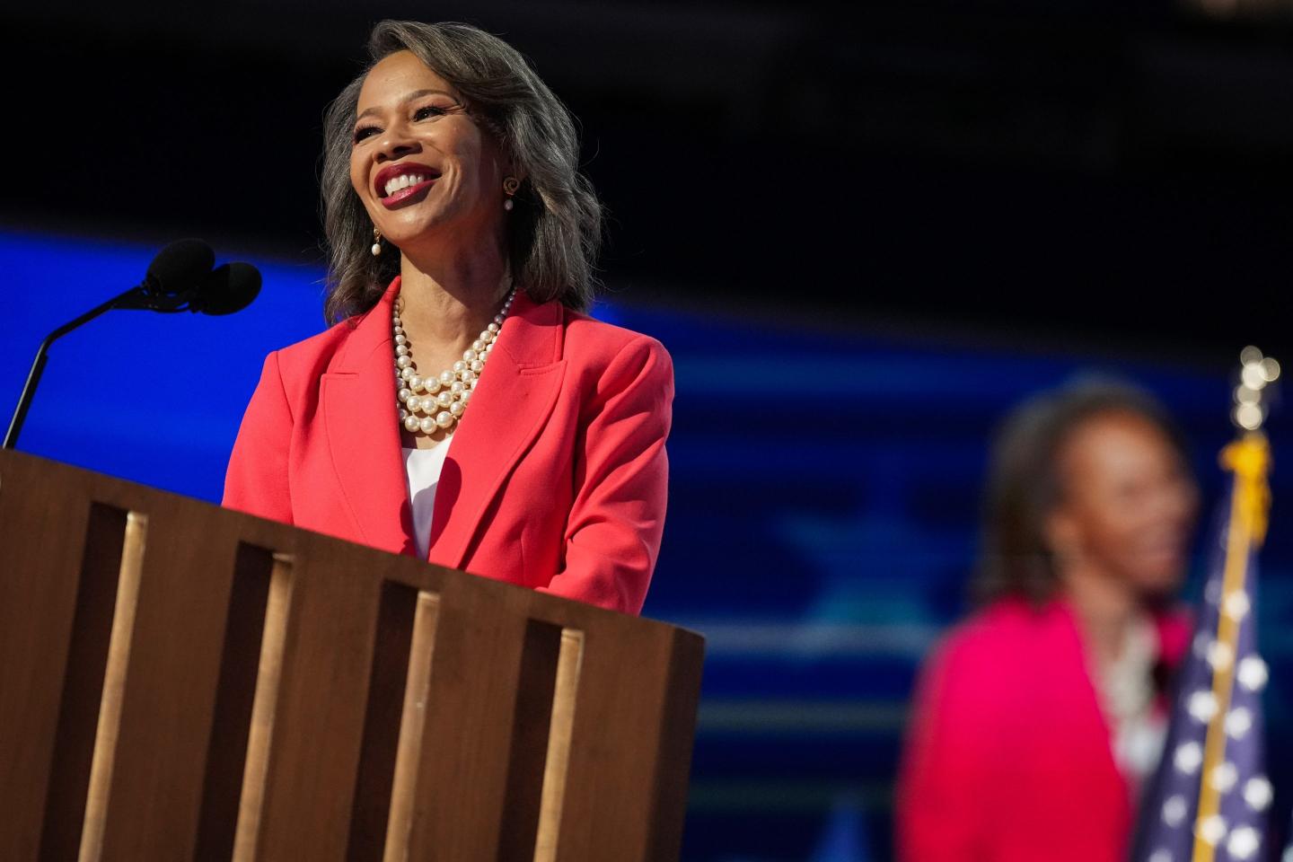 U.S. Rep. Lisa Blunt Rochester (D-DE) speaks on stage during the third day of the Democratic National Convention at the United Center on August 21, 2024 in Chicago, Illinois.