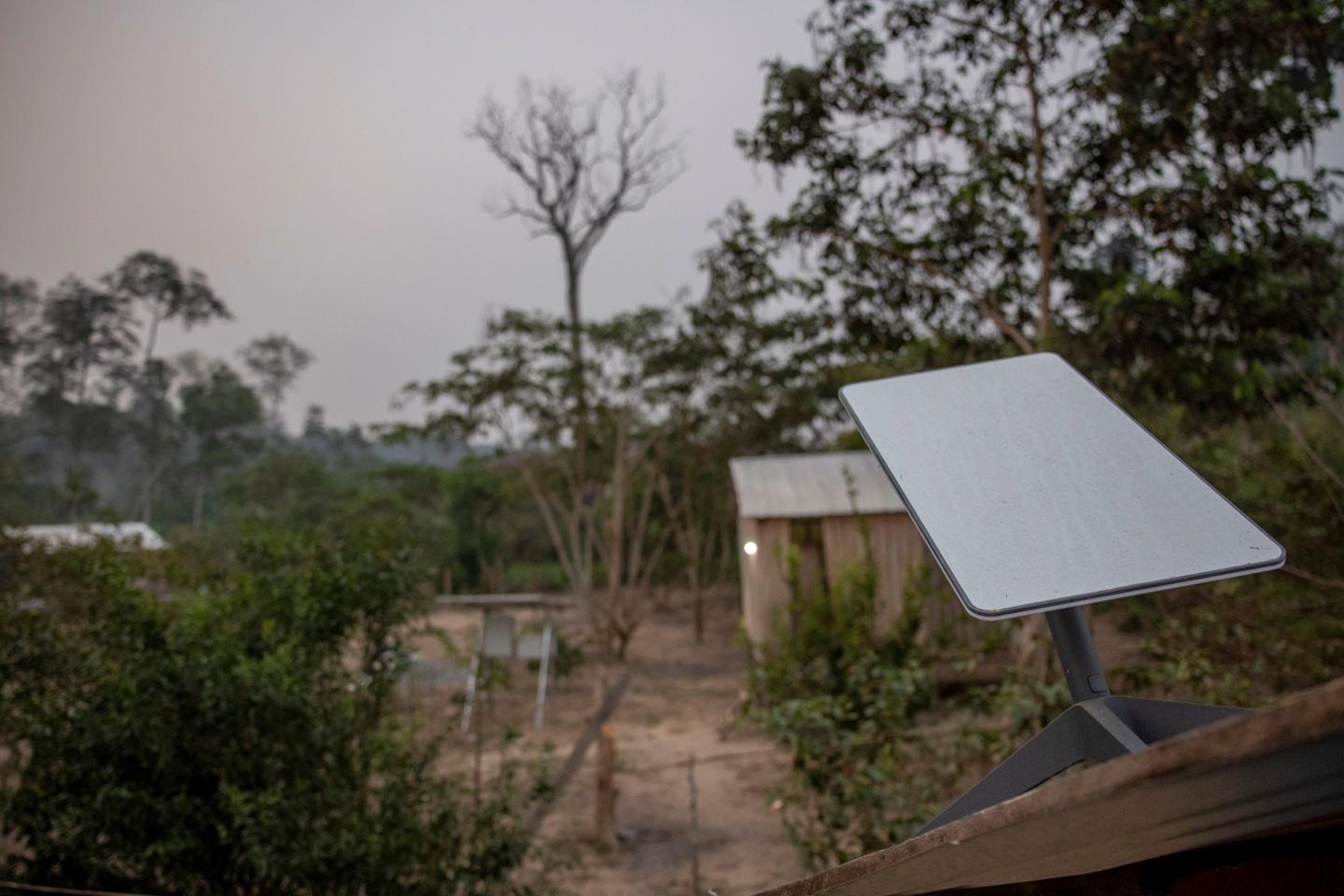 A Starlink terminal provides satellite internet service to the Amazonian Yawanawa indigenous community near Tarauaca, Acre state, Brazil.