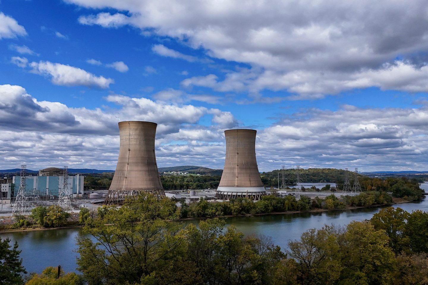The shuttered Three Mile Island nuclear power plant, located in the middle of the Susquehanna River, in Middletown, Pennsylvania, U.S.