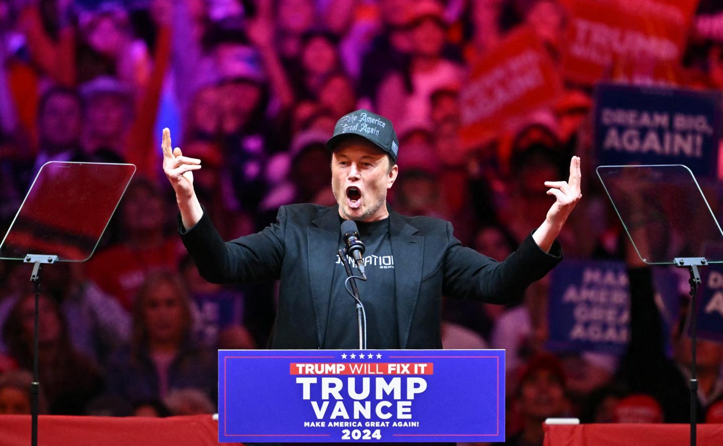 Tesla and SpaceX CEO Elon Musk speaks at a Trump rally.