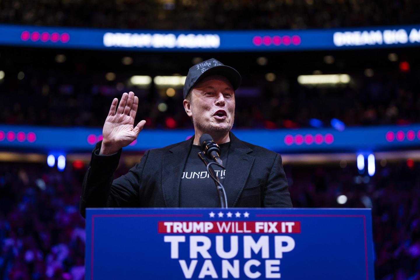 Elon Musk speaks at a Trump rally in Madison Square Garden on Oct. 27.