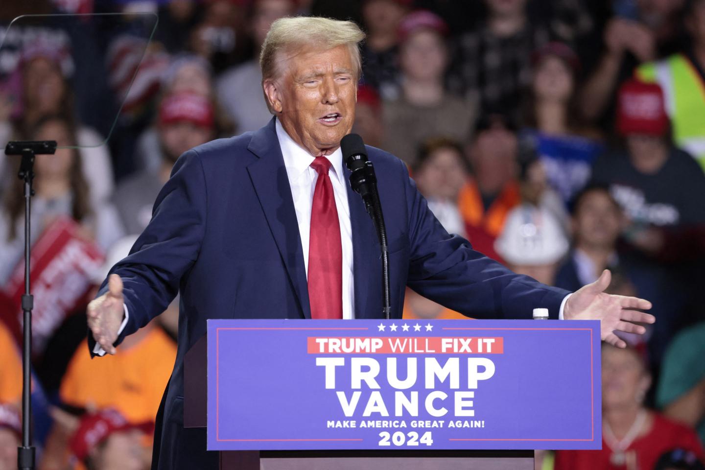 President Elect Donald Trump speaks during his final campaign rally at Van Andel Arena in Grand Rapids, Michigan in the early hours of November 5, 2024