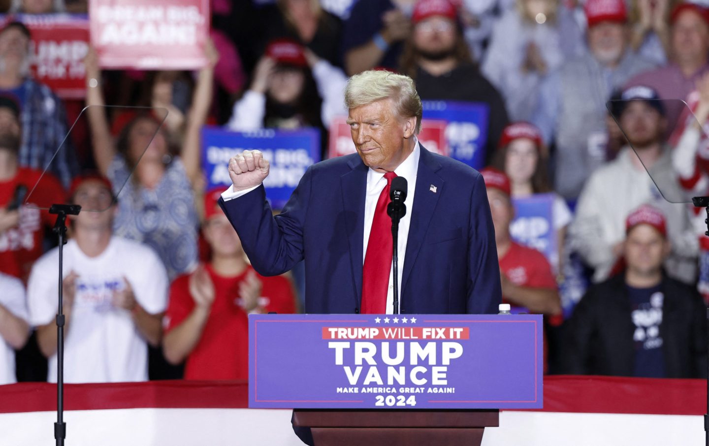 Former US President and Republican presidential candidate Donald Trump speaks at his last campaign rally at Van Andel Arena in Grand Rapids, Michigan on November 5, 2024. (Photo by KAMIL KRZACZYNSKI / AFP) (Photo by KAMIL KRZACZYNSKI/AFP via Getty Images)