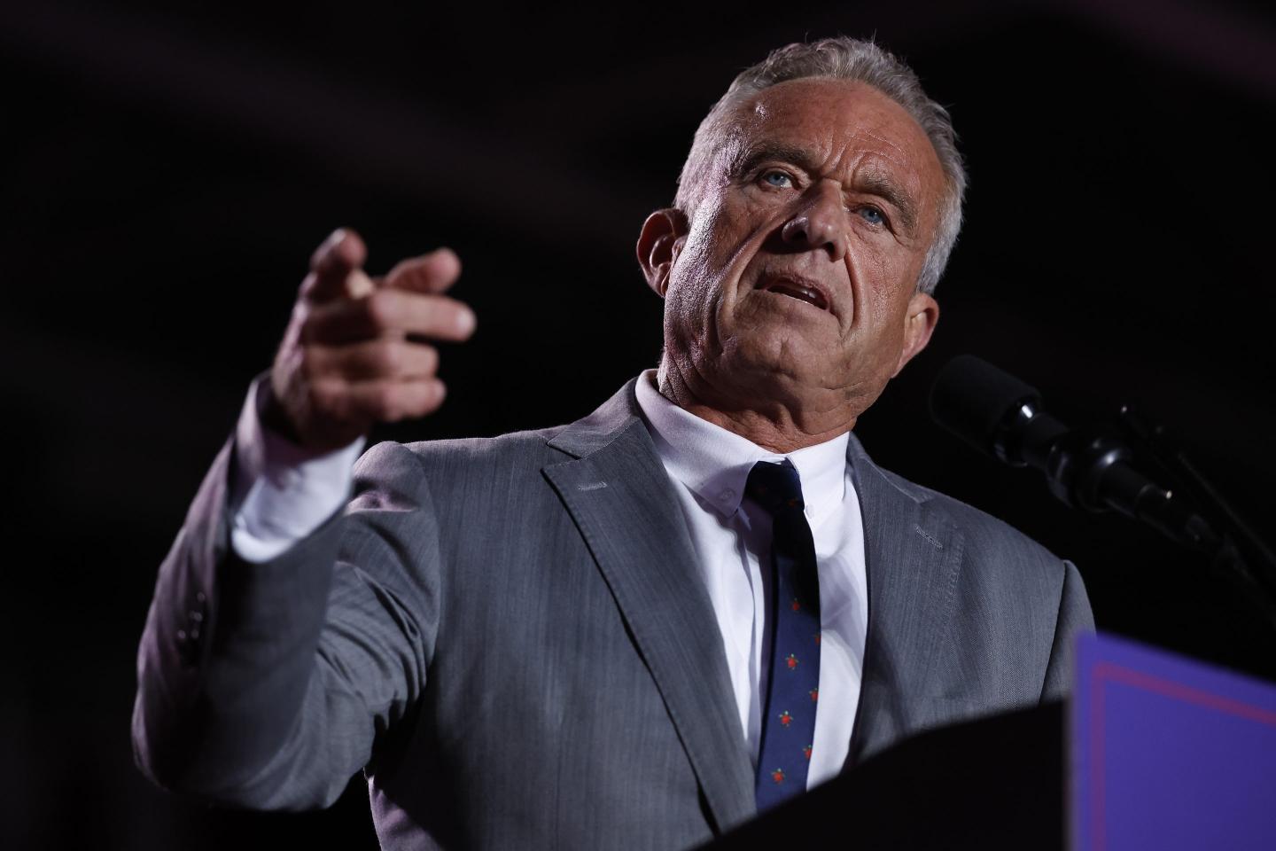 Robert F. Kennedy Jr. speaks during a campaign rally for Republican presidential nominee, former President Donald Trump at Macomb Community College in Michigan.