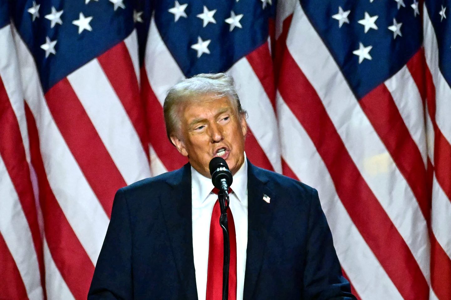 Donald Trump speaks during an election night event at the West Palm Beach Convention Center in West Palm Beach, Fla., on Nov. 6, 2024.