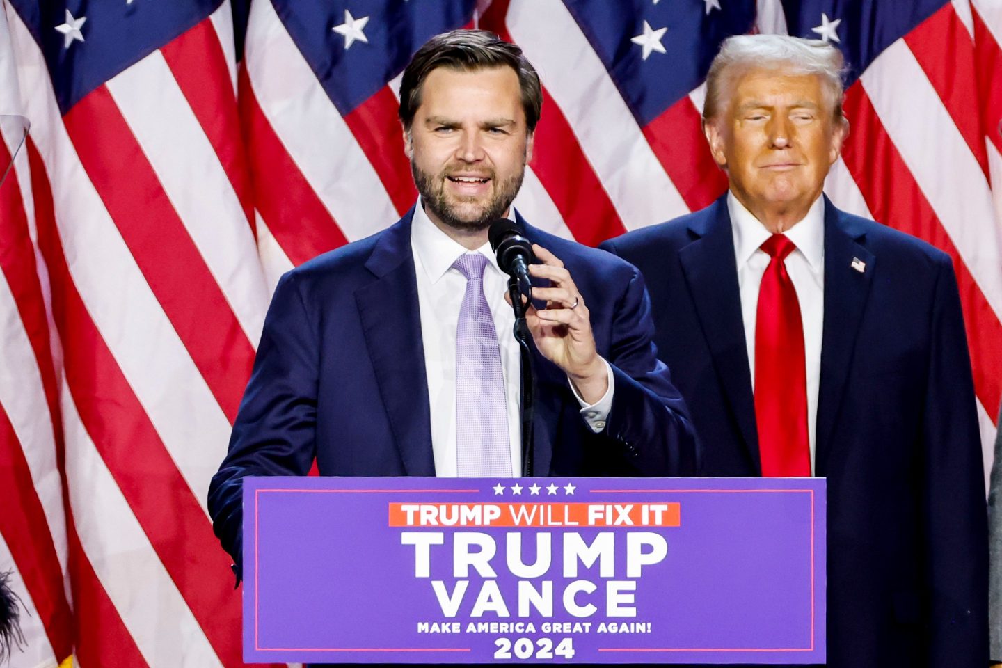 JD Vance and Donald Trump during an election night event in West Palm Beach, Florida.