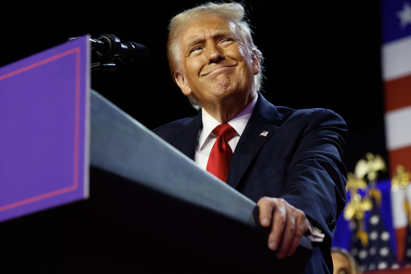 Donald Trump arrives to speak during an election night event at the Palm Beach Convention Center on Nov. 06, 2024 in West Palm Beach, Florida.