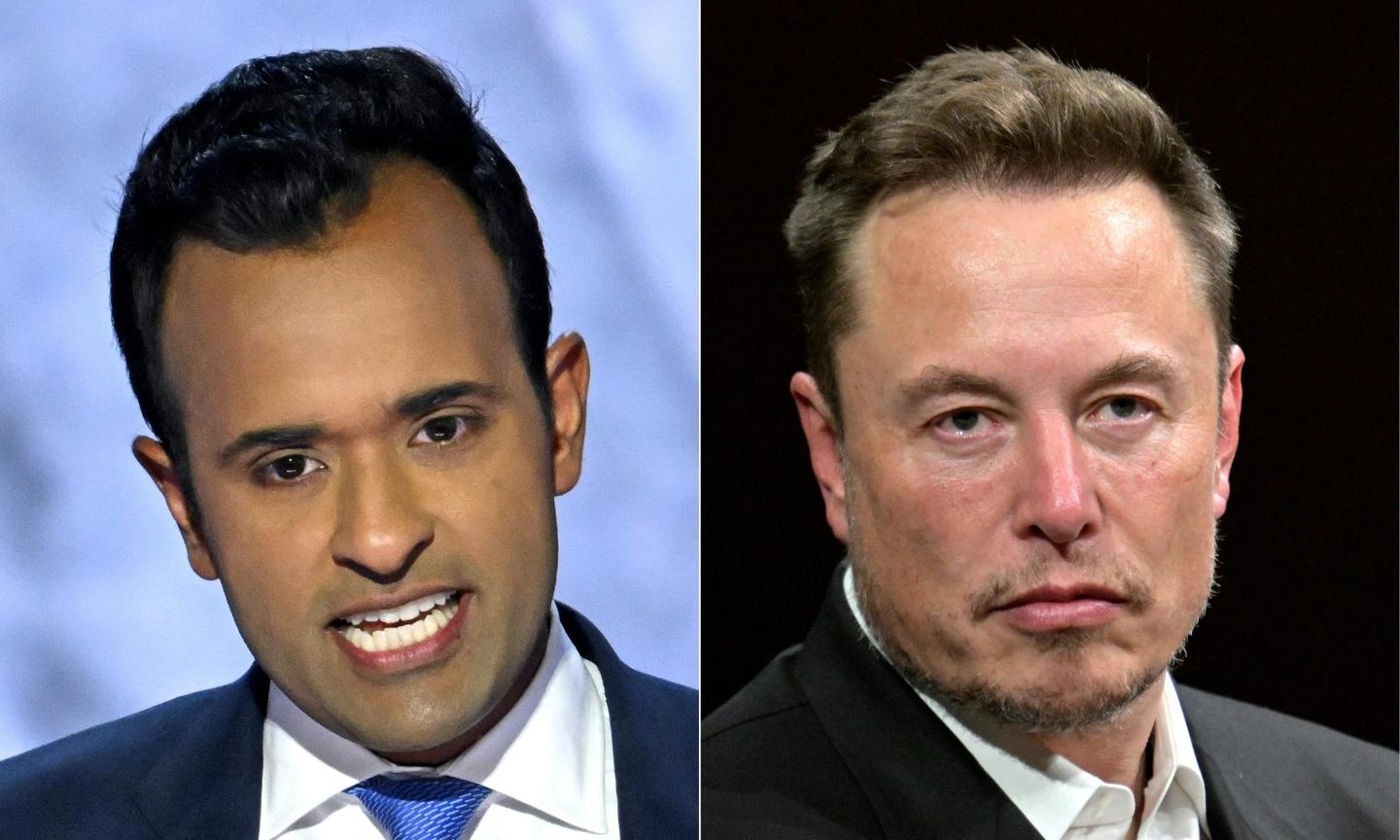 This combination of pictures created on November 12, 2024 shows US entrepreneur and former Republican presidential hopeful Vivek Ramaswamy (L) speaks during the second day of the 2024 Republican National Convention at the Fiserv Forum in Milwaukee, Wisconsin, July 16, 2024, and SpaceX, Twitter and electric car maker Tesla CEO Elon Musk looks on as he speaks during his visit at the Vivatech technology startups and innovation fair at the Porte de Versailles exhibition center in Paris, on June 16, 2023