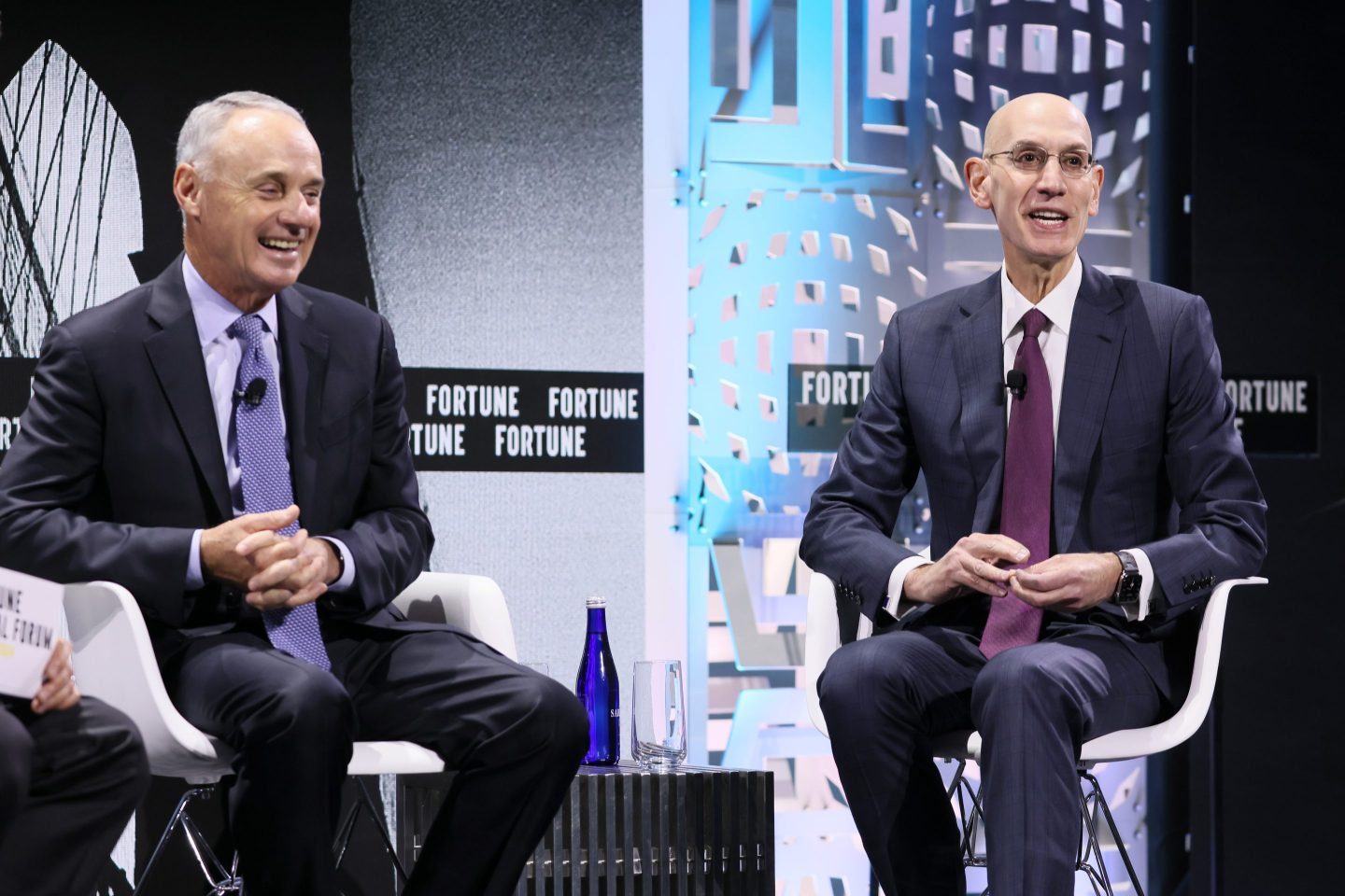 Rob Manfred, Commissioner, Major League Baseball and Adam Silver, Commissioner, National Basketball Association speak onstage during the Growing the Game panel, at the Fortune Global Forum on November 11, 2024 in New York City.