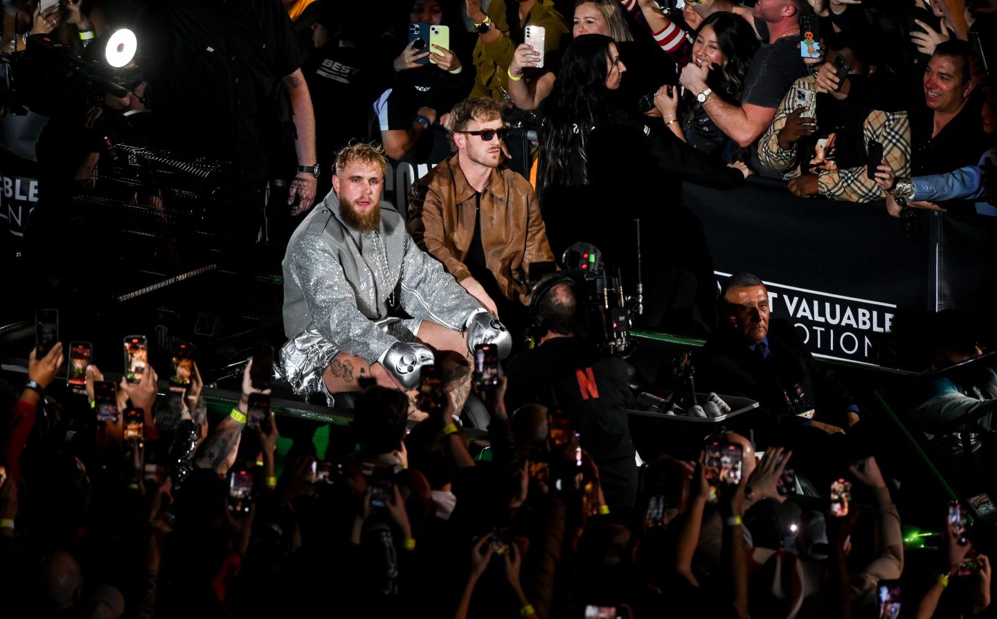 Texas , United States - 15 November 2024; Jake Paul accompanied by his brother Logan, right, before his heavyweight bout with Mike Tyson at AT&T Stadium in Arlington, Texas, USA. (Photo By Stephen McCarthy/Sportsfile via Getty Images)