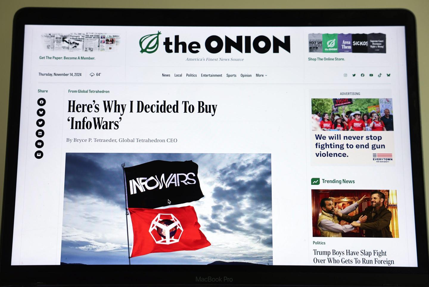 The Onion website is displayed on a computer screen
