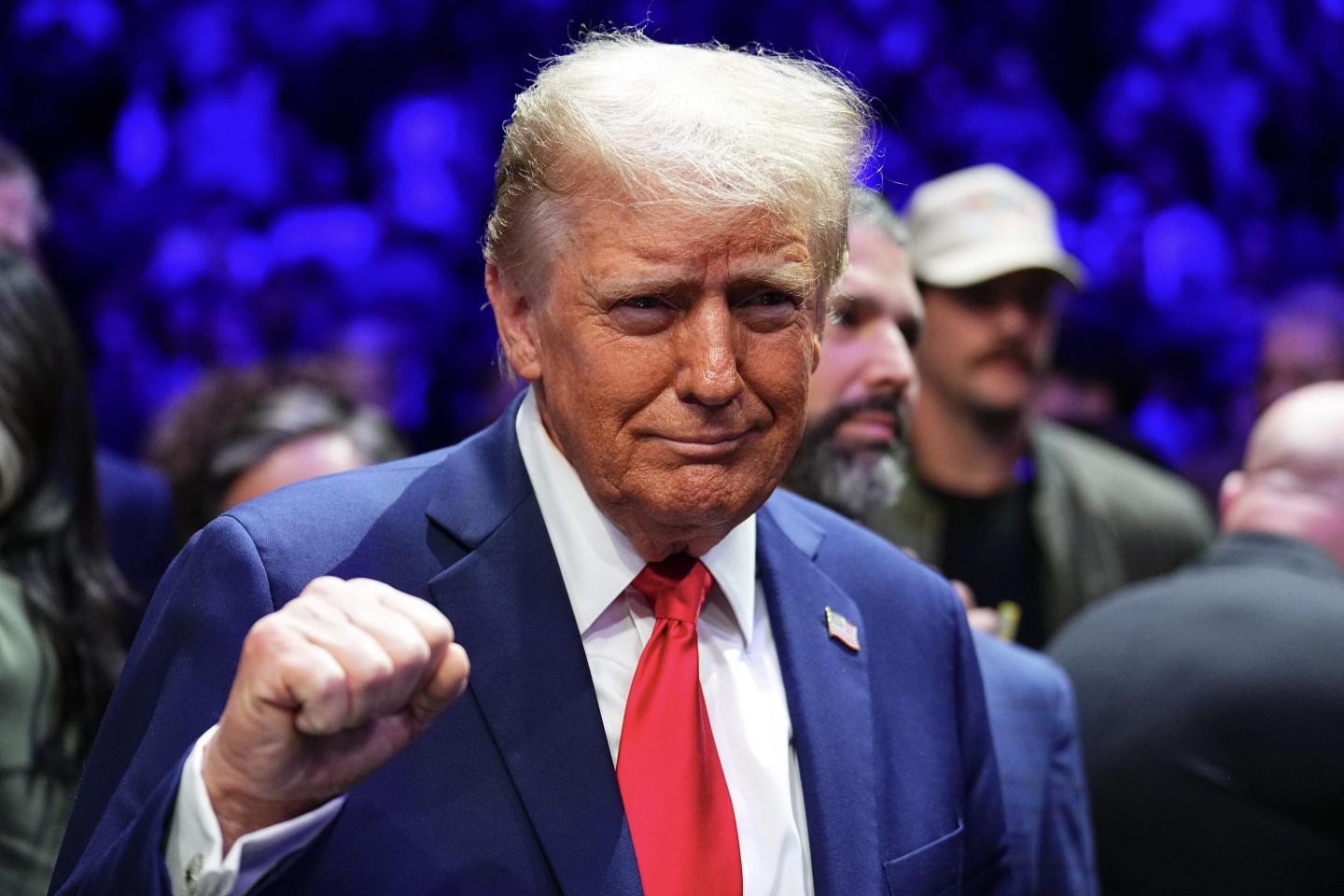 Donald Trump smirks and raises his fist in the air.