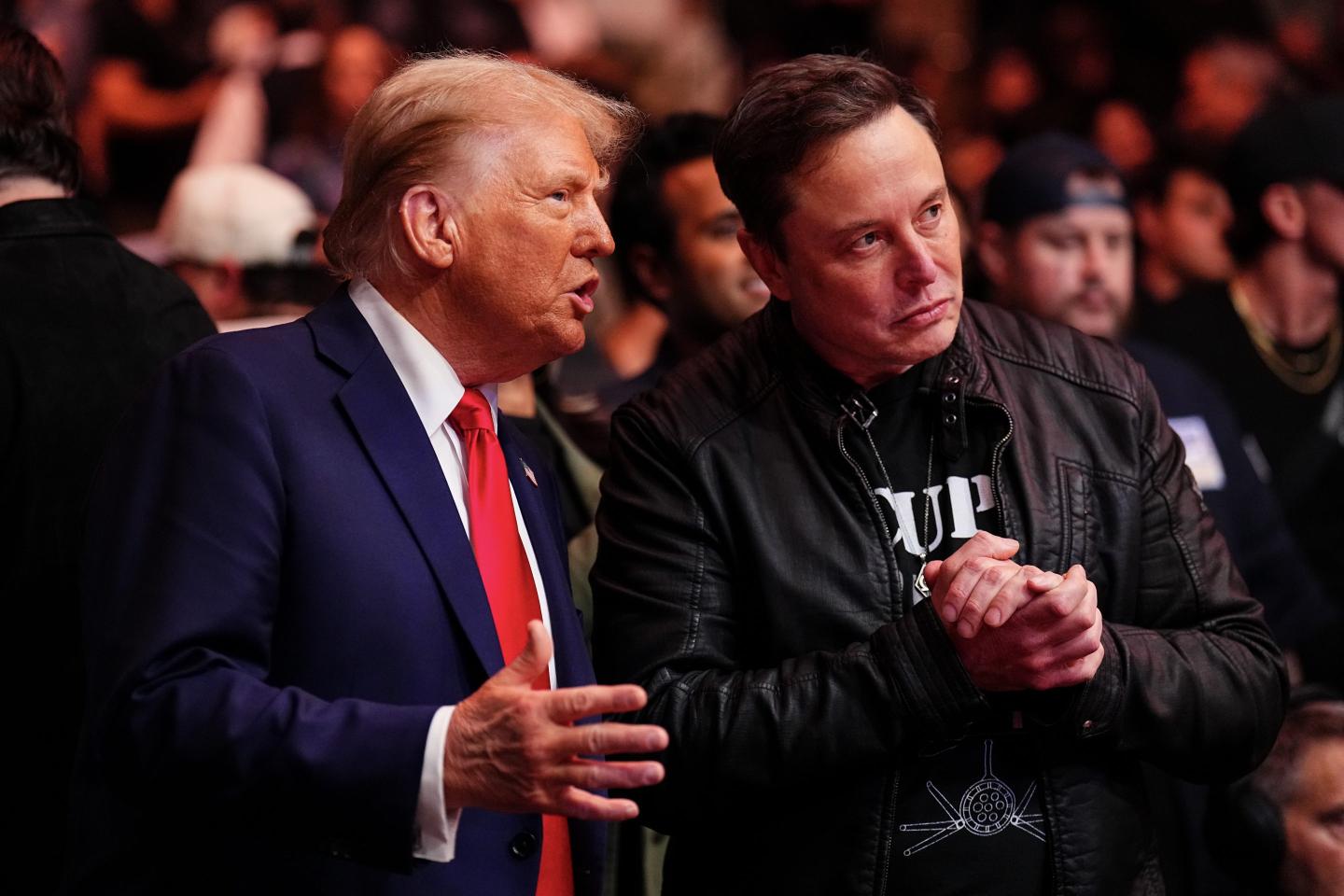 President-elect Donald Trump and Elon Musk talk ring side during the UFC 309 event at Madison Square Garden on November 16, 2024