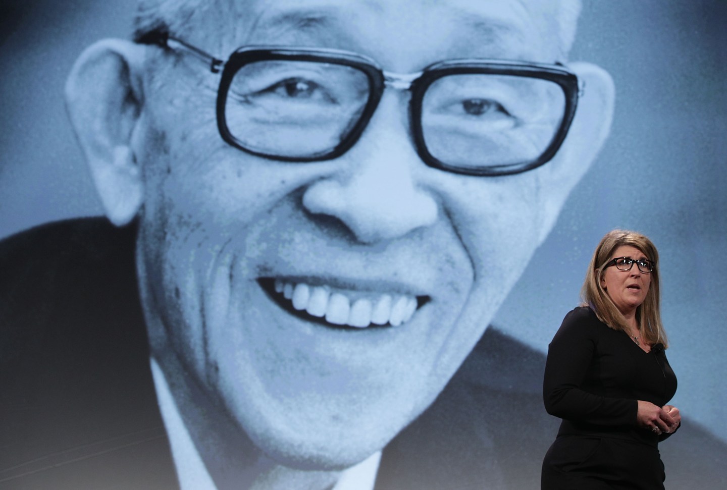 A photo from LAS VEGAS, NV - JANUARY 04: Lauren Sallata, Vice President of B2B Marketing of Panasonic North America, speaks as a picture of Panasonic founder Konosuke Matsushita is projected in the background during a press event for CES 2017 at the Mandalay Bay Convention Center on January 4, 2017 in Las Vegas, Nevada. CES, the world's largest annual consumer technology trade show, runs from January 5-8 and is expected to feature 3,800 exhibitors showing off their latest products and services to more than 165,000 attendees. (Photo by Alex Wong/Getty Images)