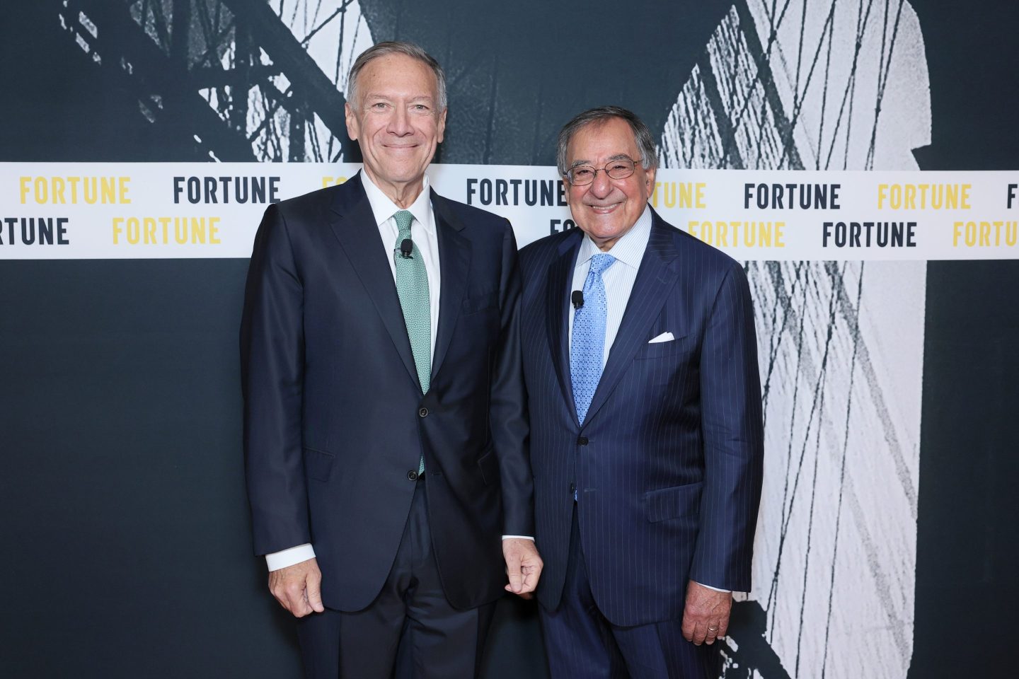 Former Secretary of State Mike Pompeo (L) and former Secretary of Defense Leon Panetta (R) gave a joint interview on geopolitics' effect on global business at the Fortune Global Forum in New York on Monday November 11.