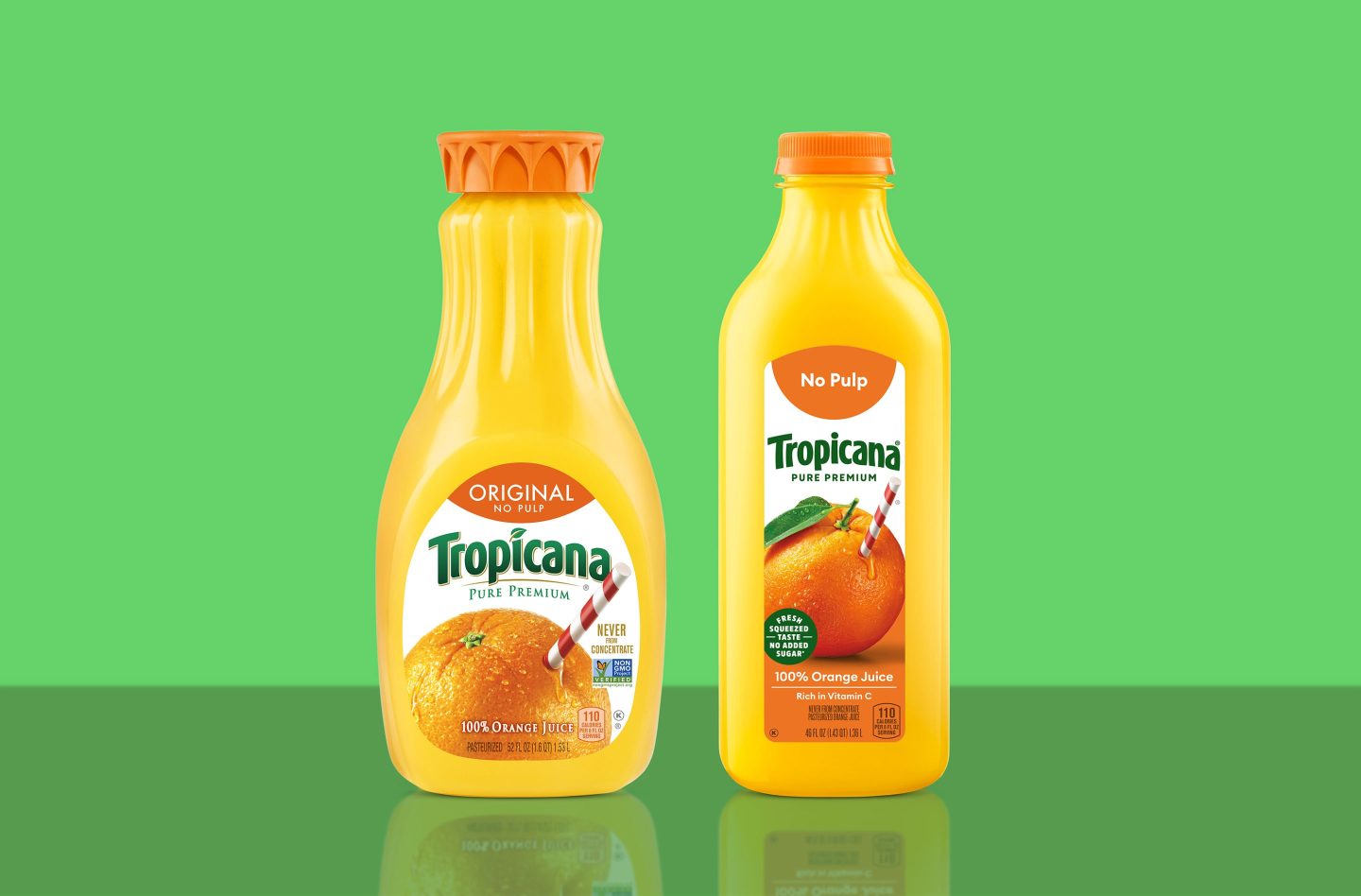 Two Tropicana bottles, the old and the new design, next to each other