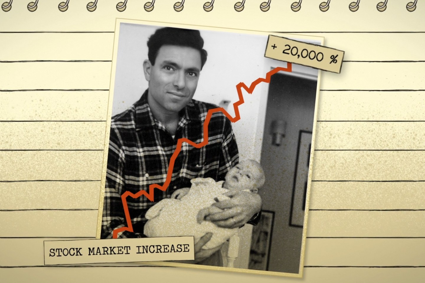 Photo illustration combining a photo of Harvey Schien holding a baby and a stock chart
