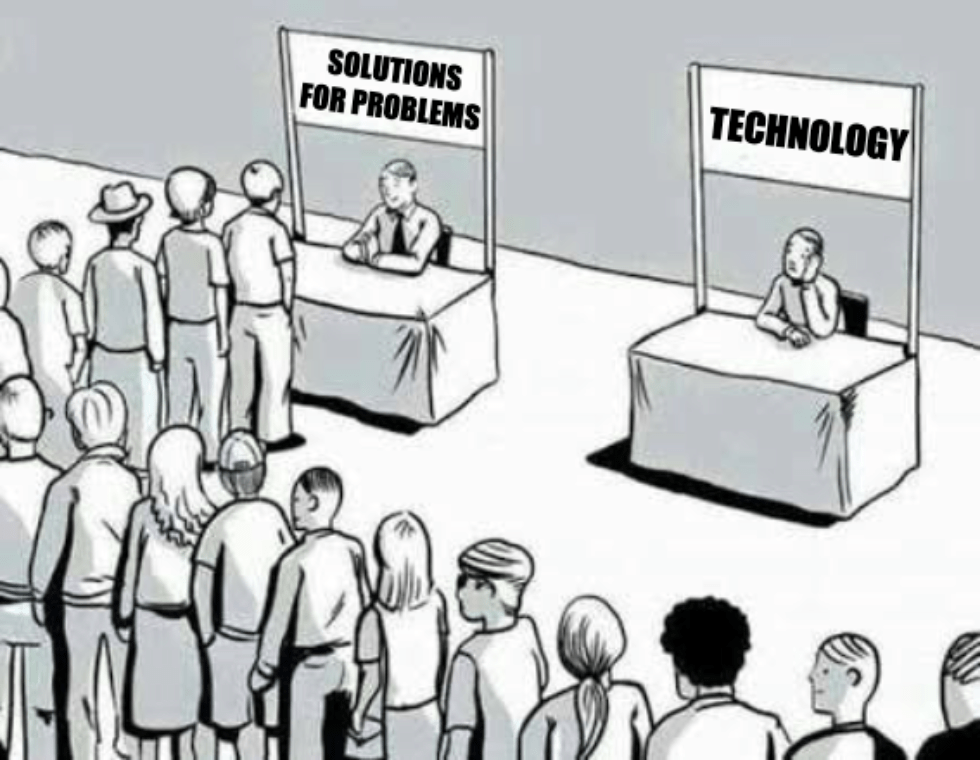 A meme depicting two stands with the signs "solutions for problems" and "technology," but only the former has a line of people waiting at it