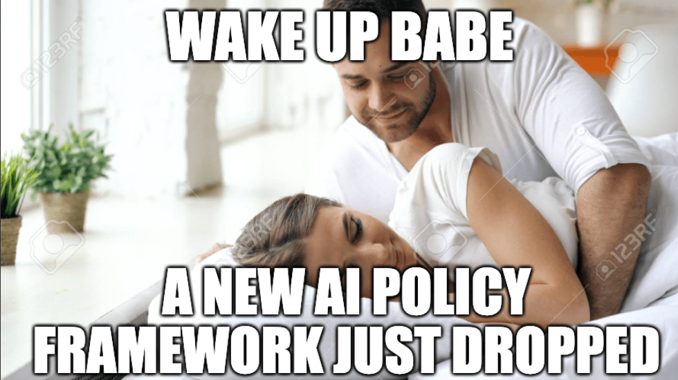 A meme of a man waking up a sleeping woman with the caption, "Wake up babe, a new AI policy framework just dropped"