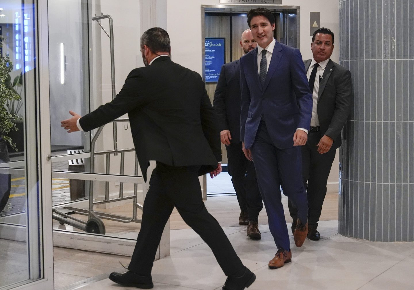 Canadian Prime Minister Justin Trudeau walks through the lobby of the Delta Hotel by Marriott, on Nov. 29, 2024, in West Palm Beach, Fla.
