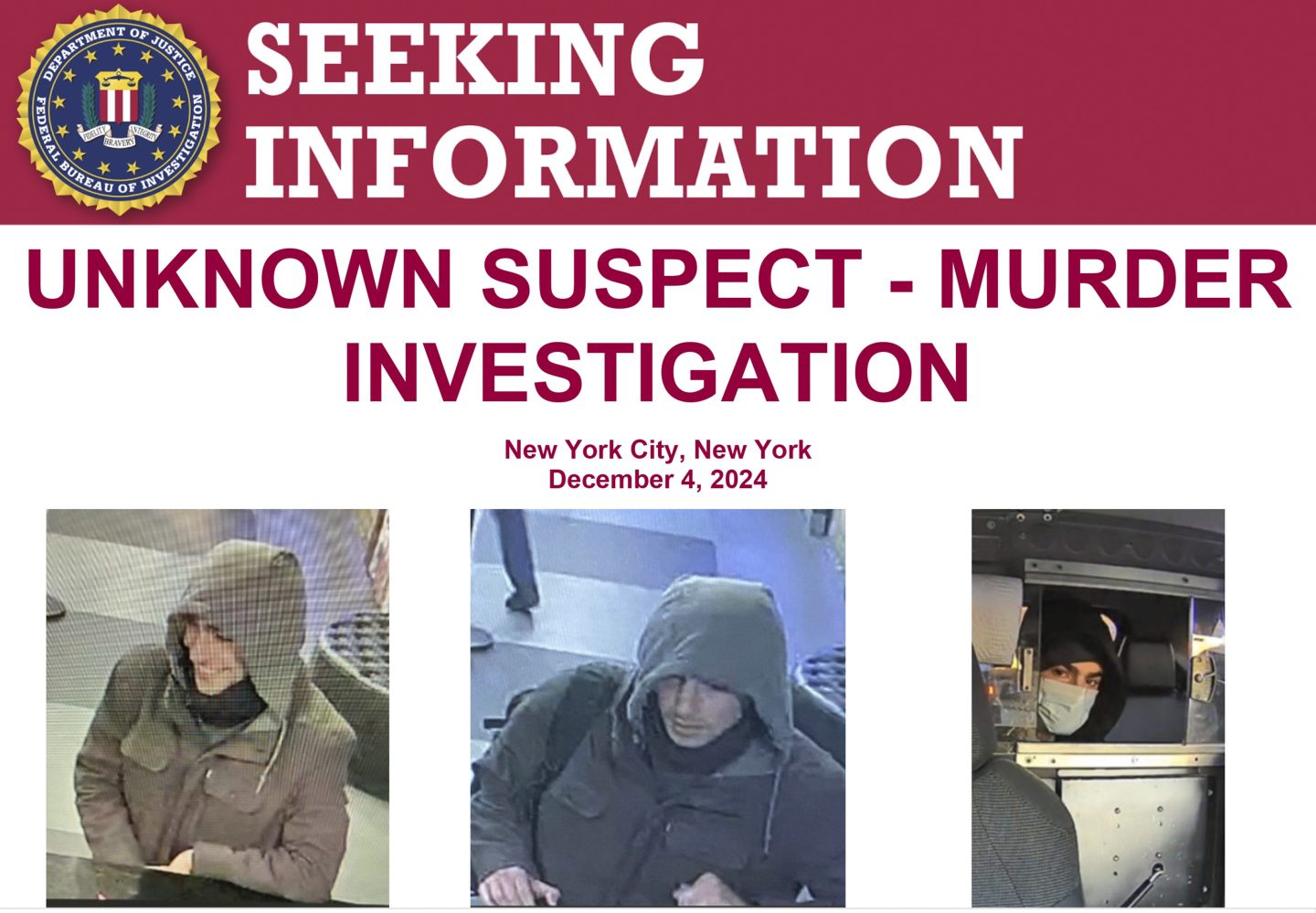 A poster issued by the Federal Bureau of Investigation shows a wanted unknown suspect.