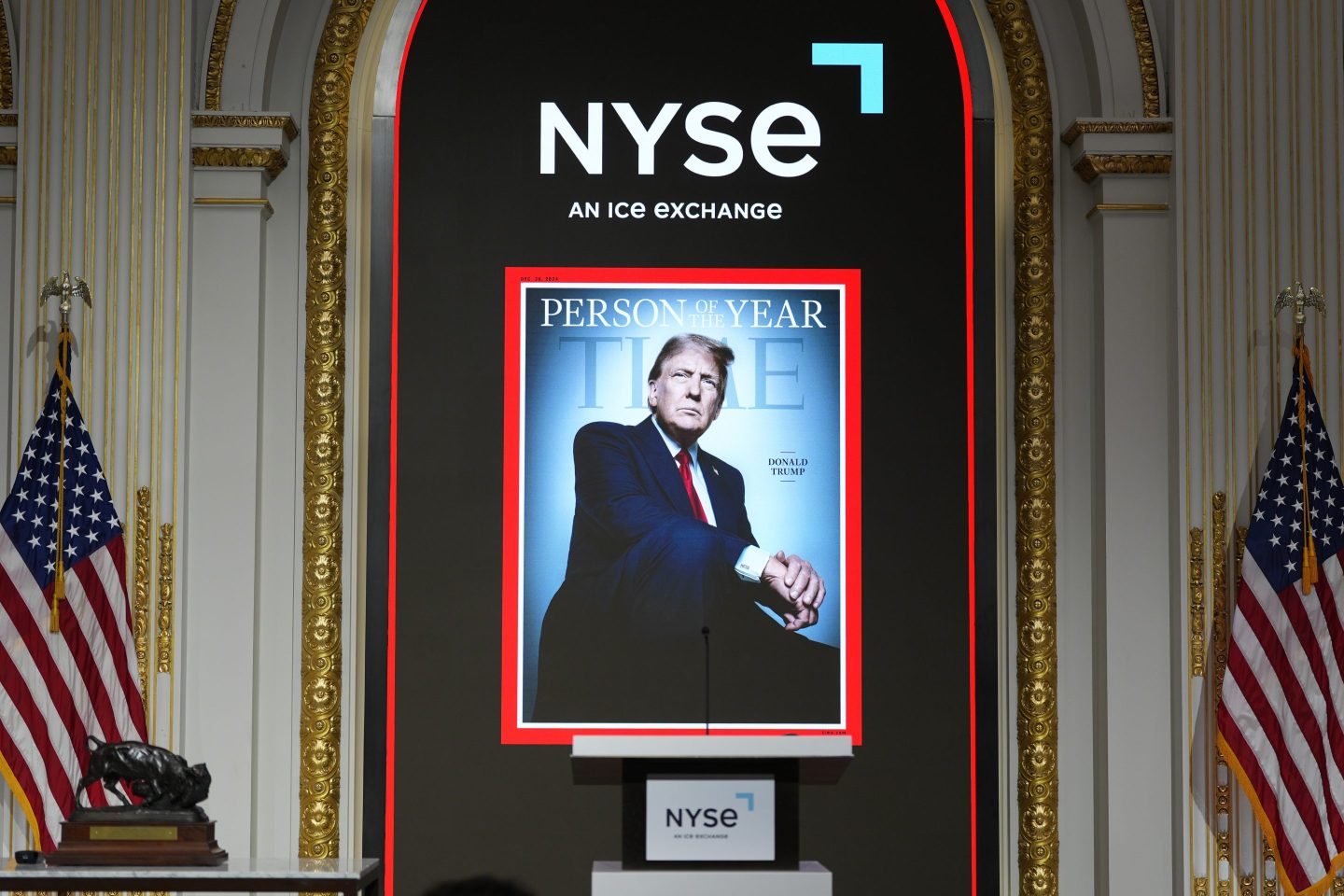 The cover of Time magazine's Person of the Year shows President-elect Donald Trump before a ceremony he will attend at the New York Stock Exchange in New York, on Dec. 12, 2024. 