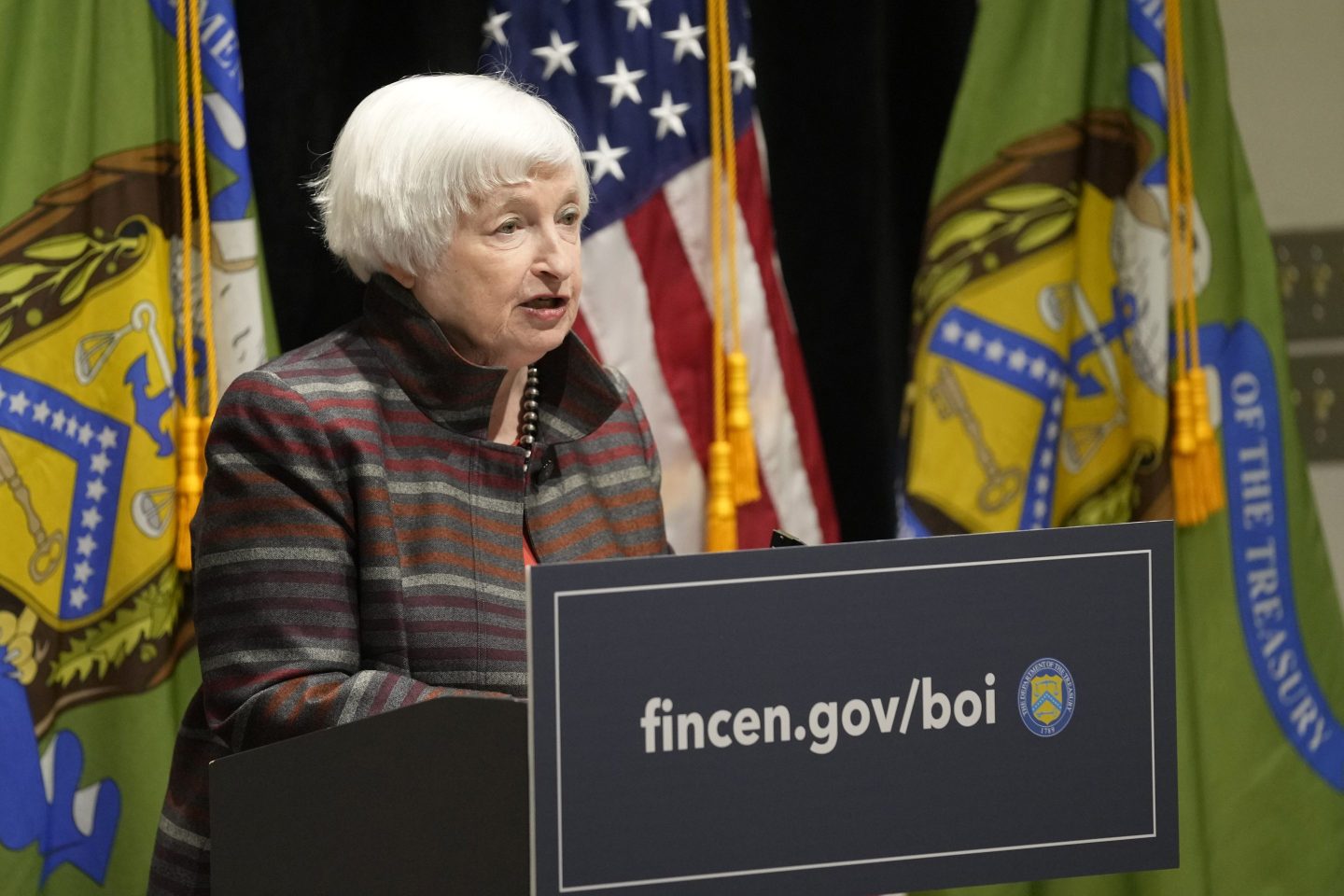 Treasury Secretary Janet Yellen speaks during a visit to the Financial Crimes Enforcement Network (FinCEN) in Vienna, Va., on Jan. 8.