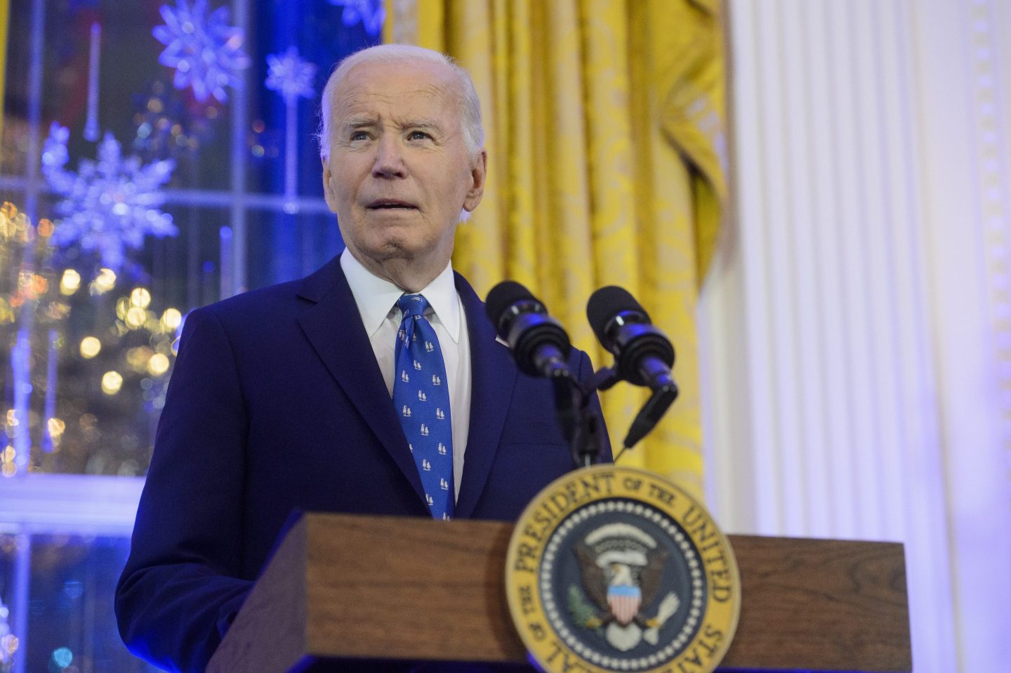 President Joe Biden speaks during a Hanukkah reception in the East Room of the White House in Washington, Dec. 16, 2024.